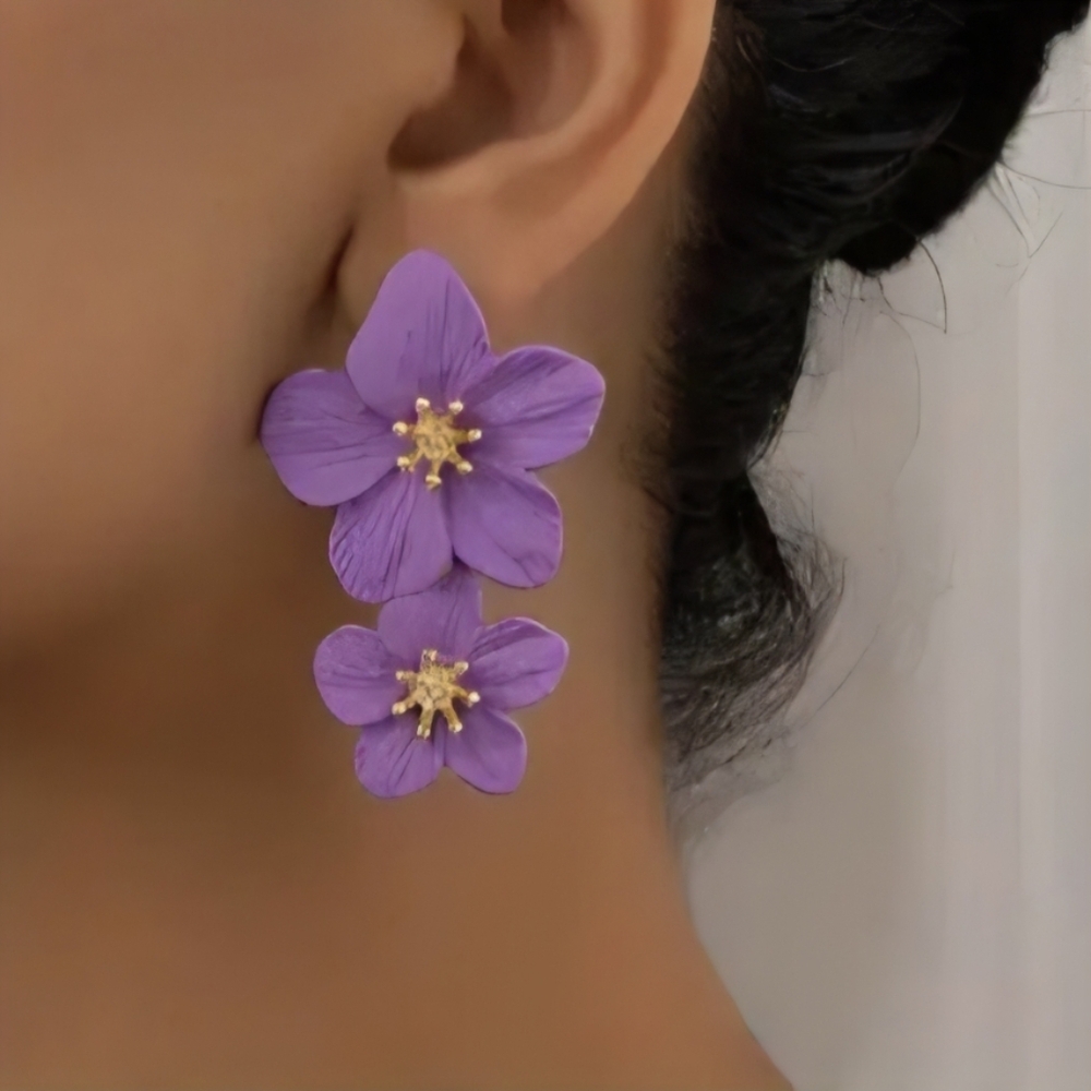 Purple Double Flower Earrings